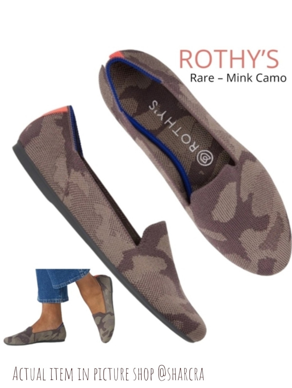 Rothy’s Women's The Loafer rare Mink Camo beige orange blue trim ballet flats 6